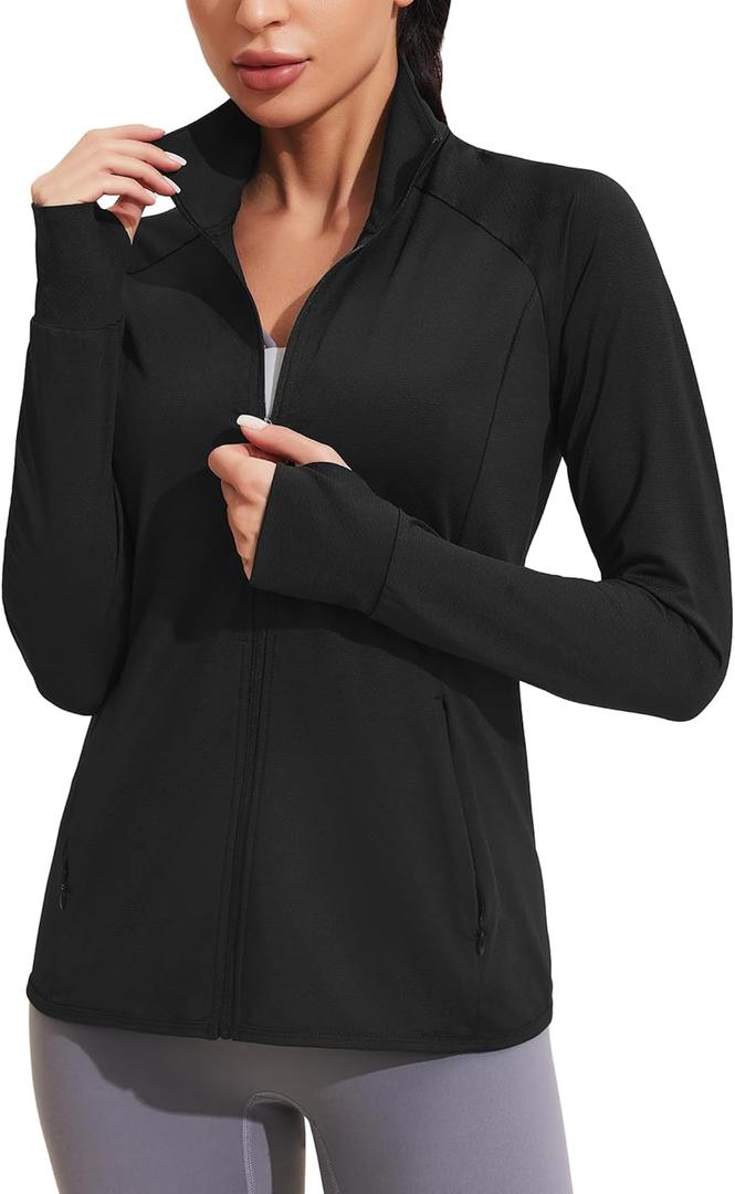 COOrun Women's UPF 50+ Jackets Sun Protection Golf Athletic Jackets Lightweight Full Zip Long Sleeve Shirts with Pockets (Medium, Black)