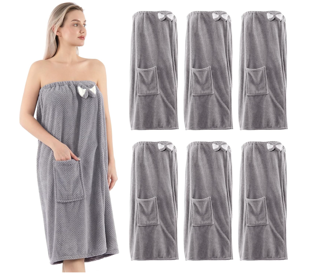 AUECOOME 6 Pcs Spa Robe Bath wrap Towels for Women Waffle Spa Wraps with Pocket Adjustable Closure Lightweight Towel Wraps for Bath Shower (Gray, Medium)