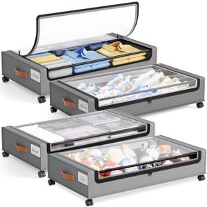 Yecaye 4 Pack Under Bed Storage with Wheels, Under Bed Storage Containers with Lids, Large Under Bed Rolling Storage with Clear Window & Label, Rolling Drawers for Clothes, Blankets, Books