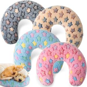 Sweetude 4 Pcs Pillows for Cats Puppy Soft Cat Bed Pillow Fluffy Pet Calming Toy Half Donut U Shaped Pet Neck Pillow Training Toy Joint Relief Cervical Protection (Large, Vivid Star)