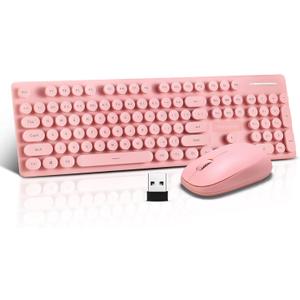 Wireless Keyboard and Mouse Combo, Full Size Compact Quiet Wireless Keyboard and Mouse Set 2.4G Ultra-Thin Sleek Design for Windows, Computer, Desktop, PC, Notebook, Laptop,Round Keys Pink