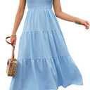Women's Summer Casual Flutter Sleeve Crew Neck Smocked Maxi Dress Tiered Ruffle Flowy A-Line Long Dresses (Light Blue, Large)