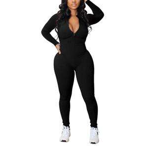 Women Zip Up Bodycon Jumpsuits Ribbed Long Sleeve Slim Fit One Piece Pants Jumpsuits, XXL