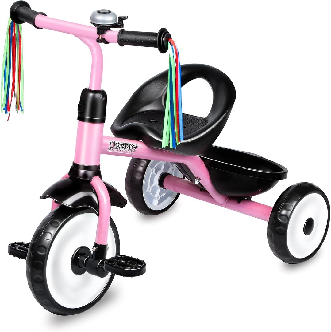 Liberry Toddler Tricycle Age 2 3 4 Years Old, Kids Trike with Bell, Back Basket and Removable Pedal, 3 Wheel Bike Riding Toy Christmas Gift for Girls, Light Pink