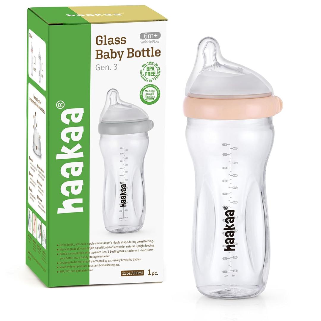 haakaa Gen.3 Natural Glass Baby Bottle 11oz/1PK - Wide Neck Anti-Colic Variable Flow Nipple,Easy to Clean & Latch for 6m+ Breastfeeding Baby Toddler,BPA-Free - Peach (11 Ounce)