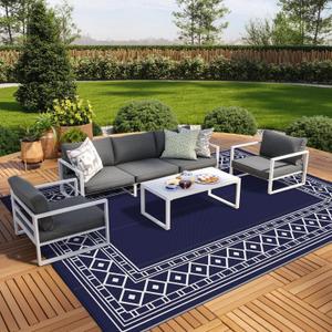 GENIMO Outdoor Rug Waterproof Area 10'x14' for Patio, Foldable Reversible Plastic Straw Carpet for Travel Trailers, Outside Mat for Rv, Deck, Picnic, Porch, Camper, Balcony, Beach, Blue & White