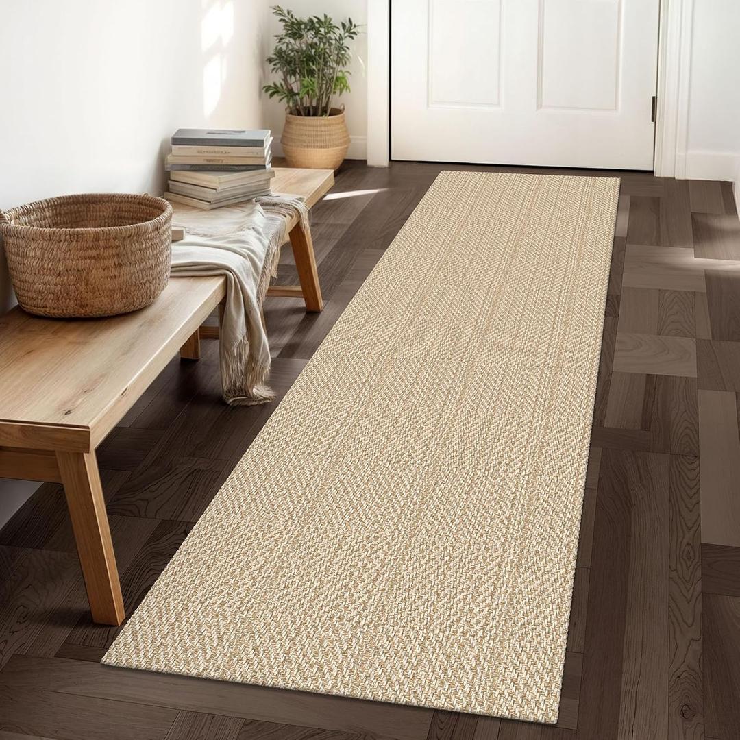 IOHOUZE Washable Runner Rug 2'x6' Non Slip Runners for Hallways Entryway Runner Indoor, Kitchen Rugs Woven Cotton Floor Carpet for Kitchen Hall Entrance Bedroom, Tan/Beige (2' x 6' (Runner))