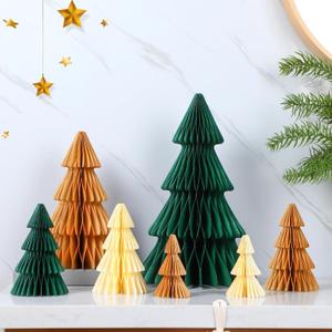 Cinnvoice 7 Pcs Neutral Christmas Tree Honeycomb Centerpiece Minimalist 3D Paper Trees Centerpiece Neutral Modern Christmas Decor Rustic Reusable Xmas Paper Table Decoration for Xmas Winter Home Decor