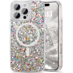 UEEBAI Glitter Case Magnetic for iPhone 16 Pro Max Case, Luxury Shiny Bling Sparkly Phone Cover Compatible with MagSafe, Wireless Charge Crystal Diamonds Shiny Cover for Women - Clear