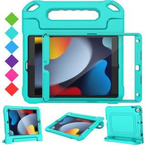 SUPLIK Kids Case for iPad 9th/8th/7th Generation -10.2 inch 2021/2020/2019, Built with Screen Protector, Durable Shockproof Handle Stand Case for Apple iPad Gen 9/8/7, Cyan