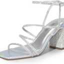 DREAM PAIRS Women's Heels Chunky Block Strappy Square Open Toe Ankle Buckle Heeled Sandals Wedding Party Dress Shoes Indie (6.5, Silver-rhinestone)