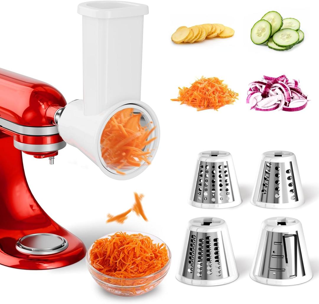 Slicer Shredder Attachment for KitchenAid Stand Mixer, Cheese Grater Attachment for Kitchenaid, Salad Maker, Grinding Powder, Dishwasher Safe with 4 Blades, White