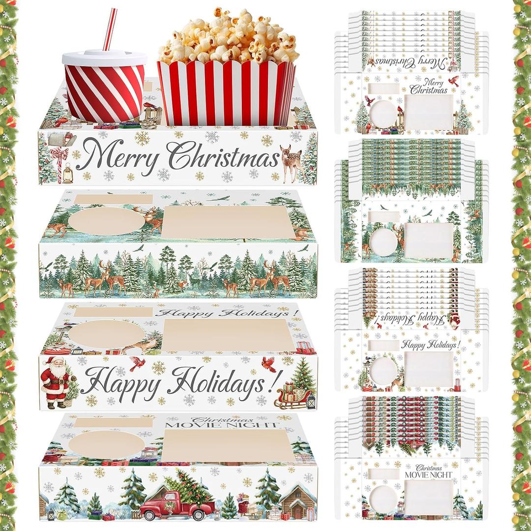 Yungyan 36 Pcs Movie Night Snack Trays - Disposable Christmas Treat Containers, Winter Holiday Farmhouse Snack Boxes, Drink Candy Popcorn Food Holder for Xmas Movie Night Party Supplies