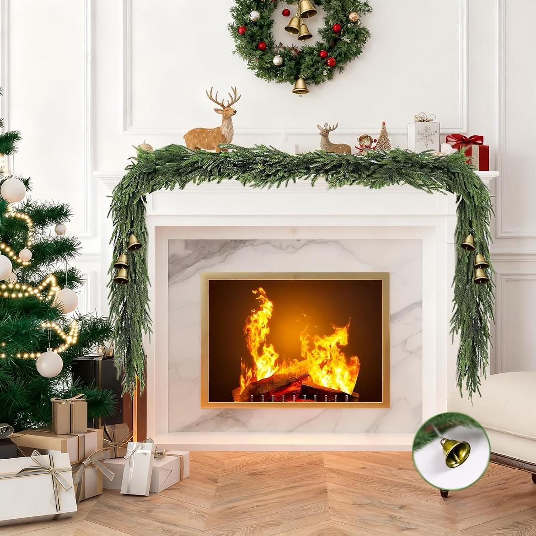 Christmas Garland of Artificial Norfolk Pine 2 Pcs 6 FT Christmas Decorations Indoor of Real Touch Garland with Bells Green Greenery Garland for Table Mantle Wall Stairs Home Outdoor Green