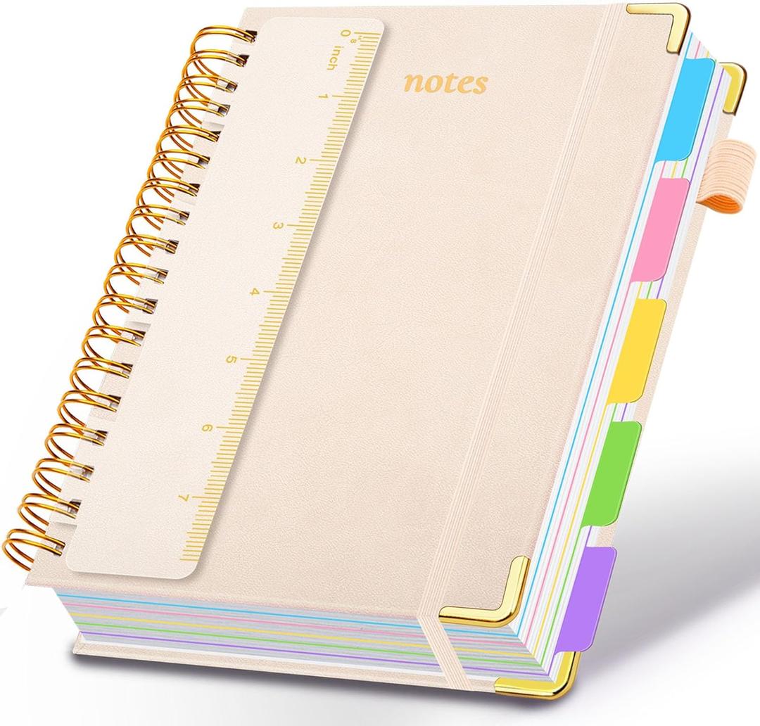 Hardcover Spiral Notebook 5.7"x 8.2" Journal Notebook with Tabs and Removable Dividers 300 Pages 5 Subject Notebook College Ruled, Faux Leather Spiral Bound Notebook for Women School Work(White), 6.2"x8.2"