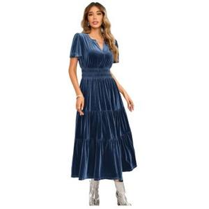 R.Vivimos Women's Fall Winter Vintage Velvet Dress Short Sleeve V Neck Elastic Waist Tiered Ruffle A-Line Flowy Maxi Dress , XL