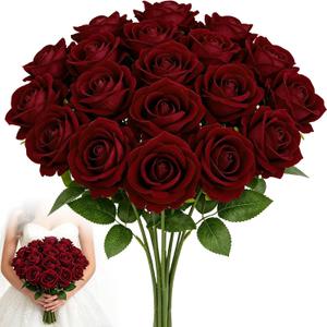 24PCS 20‘’ Burgundy Artificial Roses Flowers with Long Stems Real Looking Silk Foam Fake Roses for DIY Proposal Wedding Realistic Bouquets Bridal Shower Party Centerpiece Table Vase Decorations