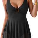 B2prity Women's One Piece Swim Dress Swimsuit Tummy Control V Neck Swimdress Mesh Bathing Suit Skirt U Ring Swimwear, 2XL