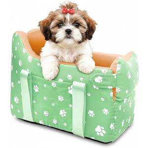 Cullaby Dog Center Console Car Seat for Small Dogs Under 15lbs,Detachable Washable Booster Pet Car Seat Travel Bed with Storage Pockets and Seat Belt(Green)