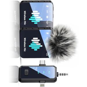 MENERESAS 3-in-1 Microphone for iPhone: Wireless Lavalier Microphone for Camera & Android - Mini Mic - 328ft Transmission & 20H Battery Life - Vlogging with AI Noise Reduction-Whitish Black