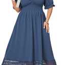 Plus Size Smocked Milkmaid Maxi Dress for Curvy Women Puff Sleeve Wedding Guest Summer Dresses Lace Trim (Blue, XL)
