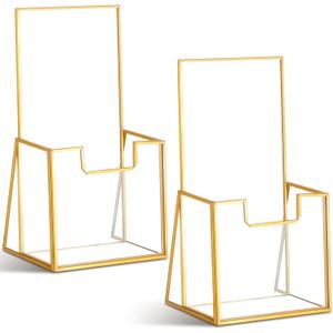 2 Pcs Gold Glass Brochure Holder Stand 4 Inch Countertop Clear Literature Trifold Pamphlet Holder Flyer Brochure Display Stand for Magazine, Booklets, Menu, Journals