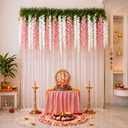 Indian Pooja Backdrop Set, Diwali Curtain Decor, Wisteria Garland
7x5ft White Curtain, 20 Artificial Pink White Wisteria Flower, Ganpati, Ganesh Chaturthi, Varalakshmi, Temple Decor for Home