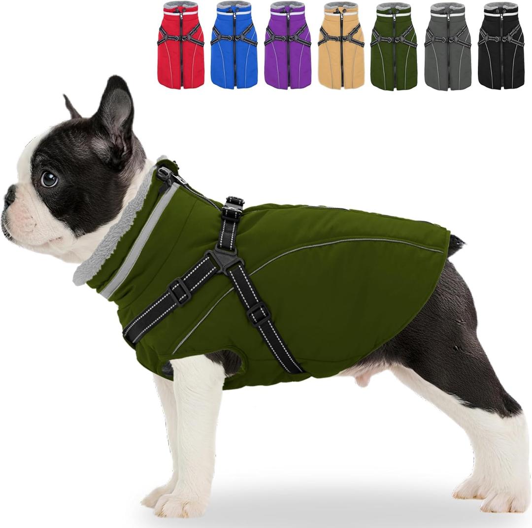 Fragralley Dog Coat with Harness Built in, Waterproof Windproof Reflective Warm Puffer Jacket, Fleece Lined Vest Winter Parka for Small, Medium, Large Dogs (Green)