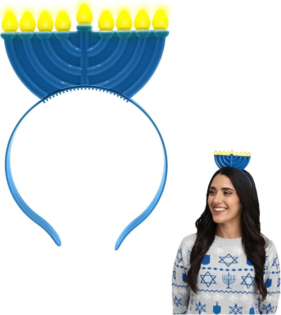 Nicky Bigs Novelties Light-Up Hanukkah Menorah Costume Headband for Adults 9 LED Candle Chanukah Accessory with 3 Flash Modes Fun Jewish Holiday Costume for Parties Parades Festivals & Celebrations