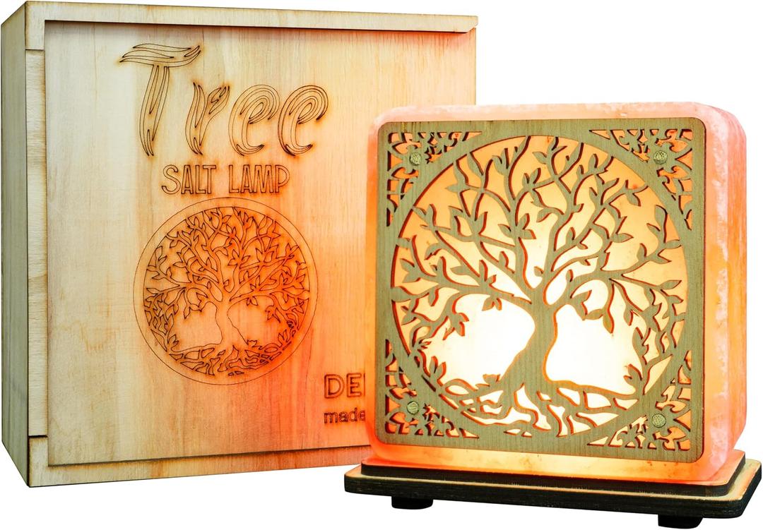 DENOCH Himalayan Salt Lamp Tree of Life  5.9 Tall, 4.4 lbs  Hand-Carved Pink Salt Crystal with Wooden Base, Dimmer Cord & Bulb  Natural Air Purifier & Home Decor Gift