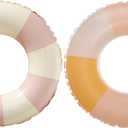 Swimming Pool Floats for Kids Ages 5-10, Inflatable Tubes With Simple Stripes, Cute Swim Rings, Floaties Water Toys for Beach Party (Stripe-Pink+Yellow)