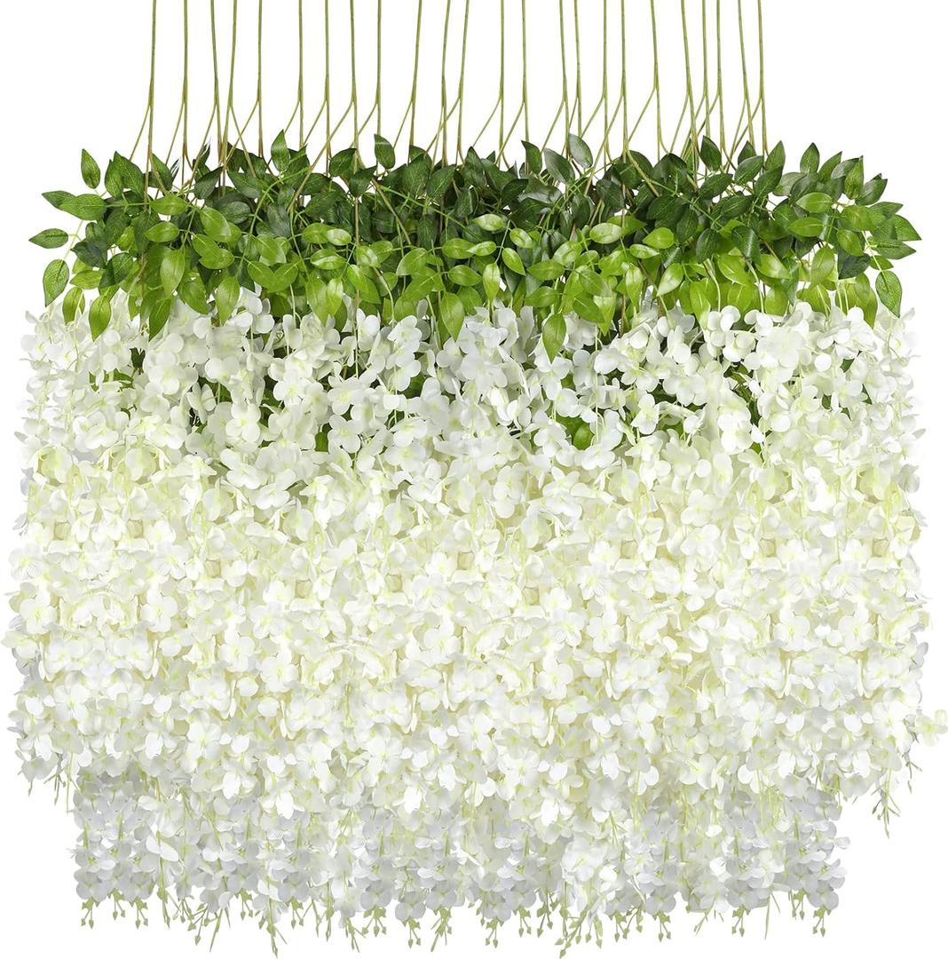 Pauwer Wisteria Hanging Flowers 24 Pack Fake Flower Garland Artificial Wisteria Vines Rattan Silk Flower String Wedding Party Wall Decorations,White