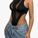 OYOANGLE Women's Contrast Mesh Sleeveless Tank Top Bodysuit High Cut Slim Fitted Party Club Rave Body Suits Black S