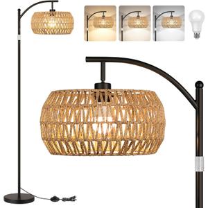 ROTTOGOON Boho Floor Lamp with Dimmable Bulb, Rattan Shade, Boho Standing Tall Lamps with Foot Switch, Black Bohemian Floor Lamps for Living Room, Bedroom, Office