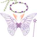 Sratte 4 Pcs Fairy Butterfly Wings for Girls Kids Princess Floral Crown Star Wand Ears Halloween Dress up Costume Accessories (Purple)