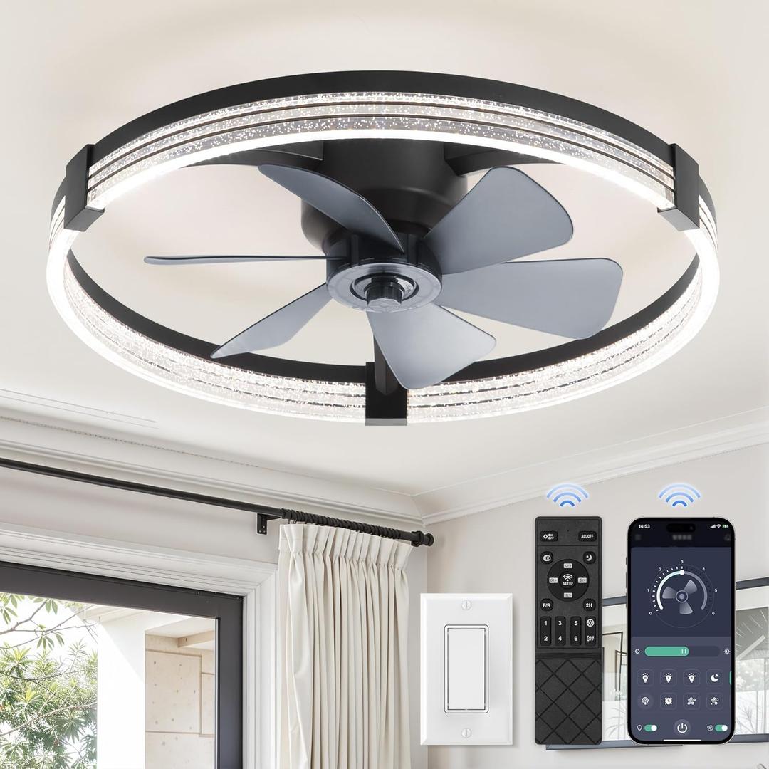 ZMISHIBO Low Profile Ceiling Fans with Lights, Flush Mount Modern Ceiling Fan and Remote Control, 23" LED Ceiling Fans, Stepless Dimmable 3 Colors and 6 Speeds (Black)
