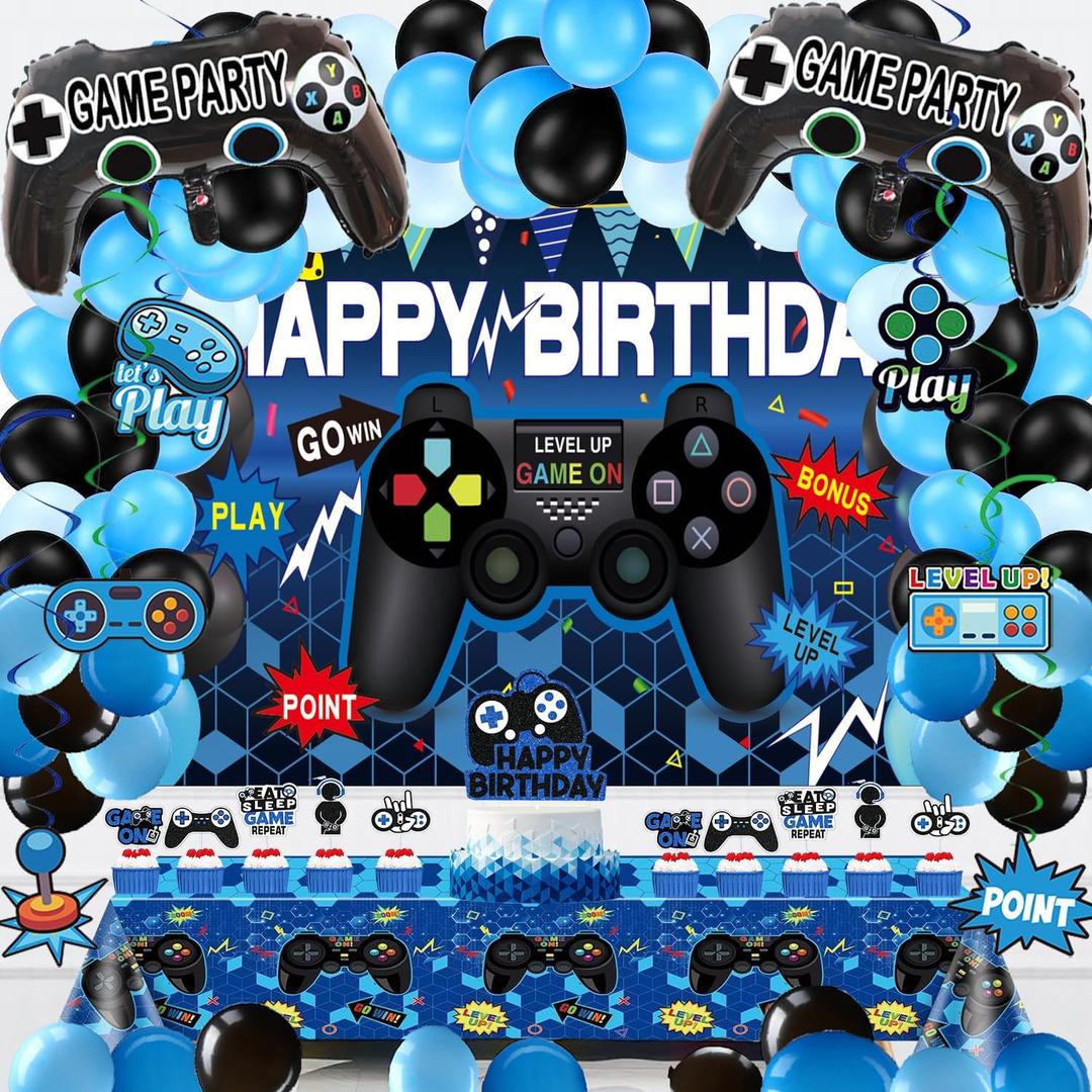 75Pieces Video Game Party Supplies Set: Decorations with Happy Birthday Gaming Backdrop, Hanging Swirls, TableCovers, Cake Topper, Foil Gamer Balloons, Multi-Color Balloons. Perfect for Game ON Party!