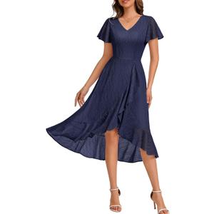 DRESSTELLS Women's Cocktail Dresses, Formal Wedding Guest Lace Bridesmaid Prom Party Evening Hi Low Midi Dress 2026 (Blue, M)