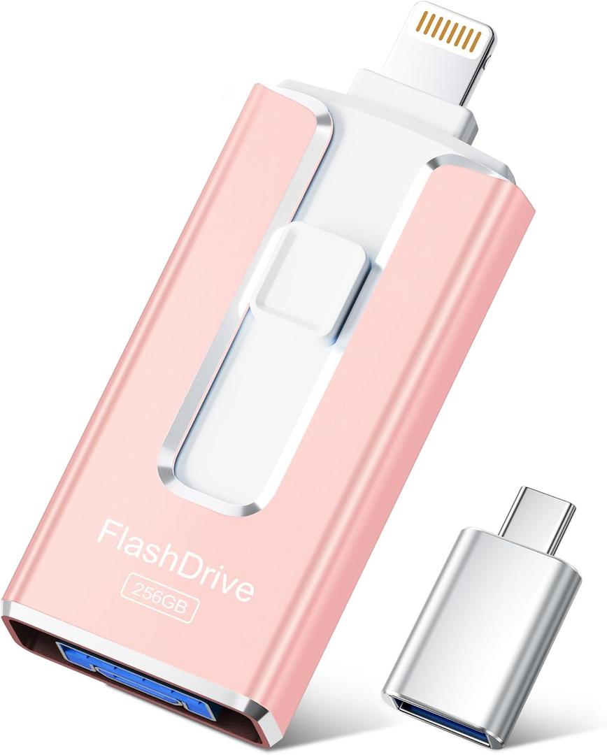MFi Certified Flash Drive for iPhone iPad 256GB, Photo Stick for External Memory Storage, Easily Back Up and Save Photos Videos, USB Memory Stick Thumb Drive for iPhone/iPad/Android/PC (Rose Pink)