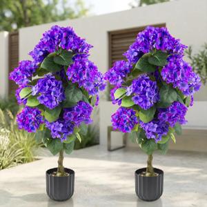 2 Set Artificial Hydrangea Trees, Faux Silk Hydrangea Plant in Pot for Indoor Outdoor Decoration, Hydrangea Topiary for Garden Office Home Porch Patio Decor (2, BlueViolet)