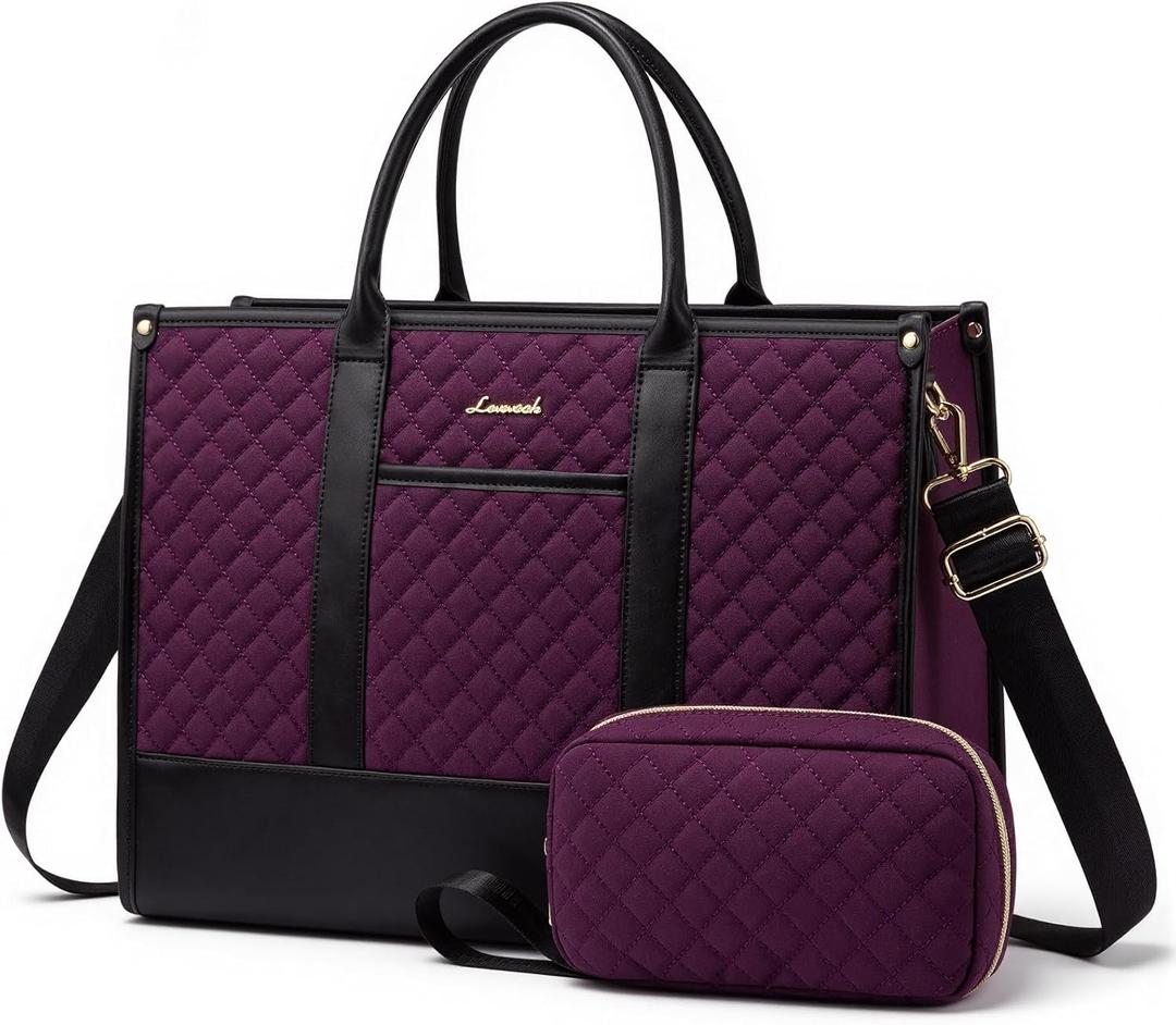 LOVEVOOK Laptop Bags for Women, 15.6 inch Waterproof Work Tote Bag with Clutch, Professional Teacher Computer Purse Lightweight Shoulder Bag Travel, Dark purple black