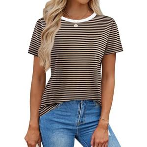LilyCoco Women's Striped Shirt Short Sleeve Color Block Tops Crewneck Summer T Shirt Black and Brown Small