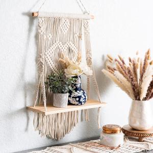 SnugLife Macrame Wall Hanging Shelf - Tier Wall Shelves with Handmade Woven Rope - Boho Shelves Organizer Hanger for Kitchen, Bathroom, Home Storage, Floating Indoor Plant Wall Shelf (1 Tier)