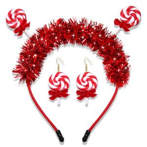 Candy Headbands for Women Christmas Lollipop Headband Dangle Earrings Sweet Candy Hair Accessories Candys Costume Outfits Candy Party Favors Gifts (Red)