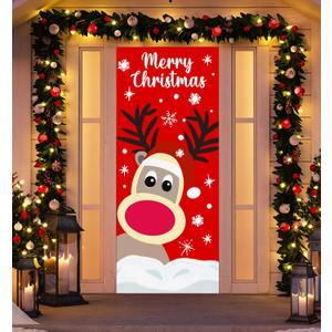 Christmas Door Cover Decorations Reindeer Front Door Cover Reindeer Background for Holiday Xmas Hanging Banner Christmas Door Decorations Home Decor