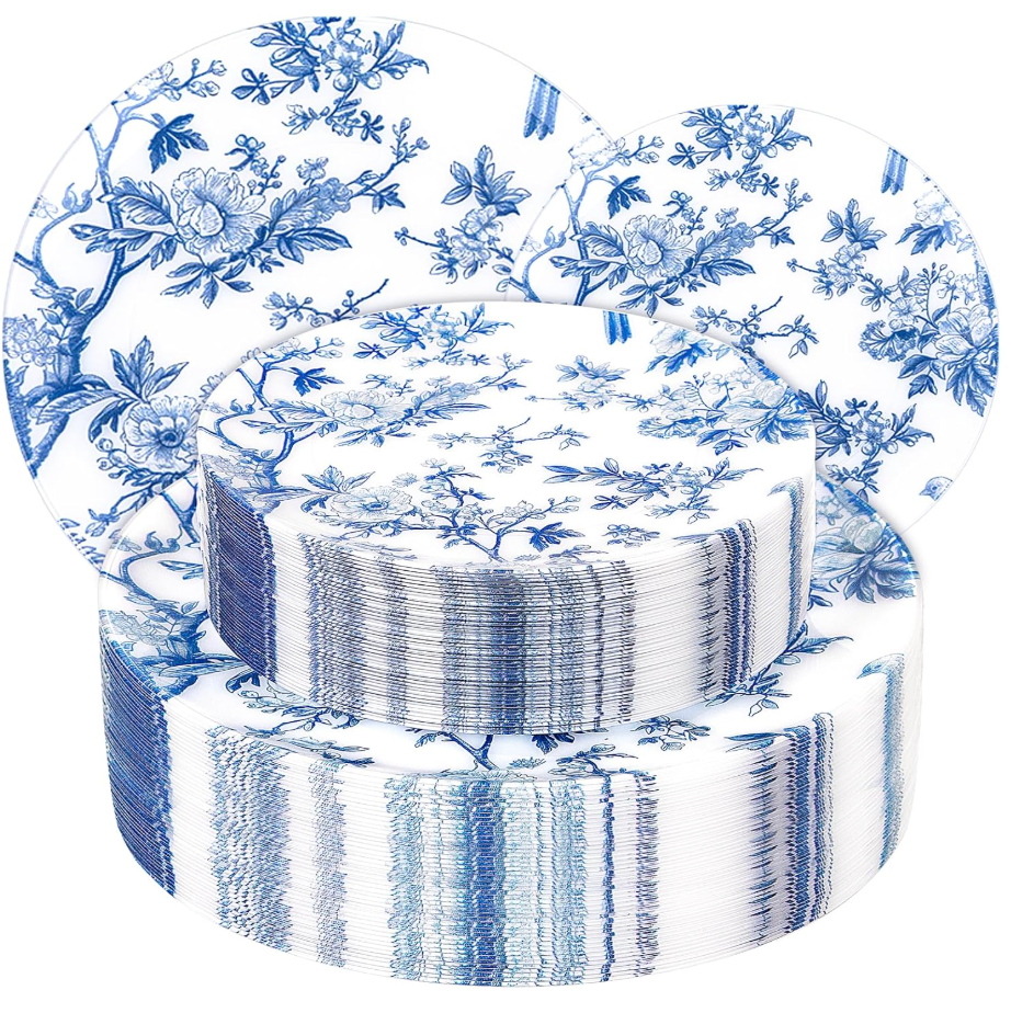 EI 60pcs Blue Plastic Plates Disposable Heavy Duty,Blue and White Floral Disposable Plates,10.25" Dinner & 7.5" Dessert Plate,Natural Fresh and Elegant Decorations for Birthdays/Tea Party/Wedding