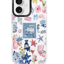 for iPhone 16 Case, Vintage Coastal Collage Pattern with Shells & Teacups, Military-Grade Drop Protection, Glossy Elegant Soft Slim TPU Protective & Camera Protection for Girls