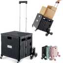Foldable Utility Cart with Stair Climbing Wheels, Collapsible Rolling Crate with Telescoping Handle, Folding Shopping Trolley Handcart Grocery Book File Tool Teacher Storage Basket (Black)