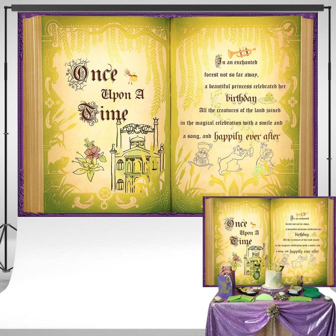 Once Upon a Time Princess Backdrop Green and Purple Giant Open Book Background Fairy Tale Frog Castle Party Decorations Banner 7x5 ft 8