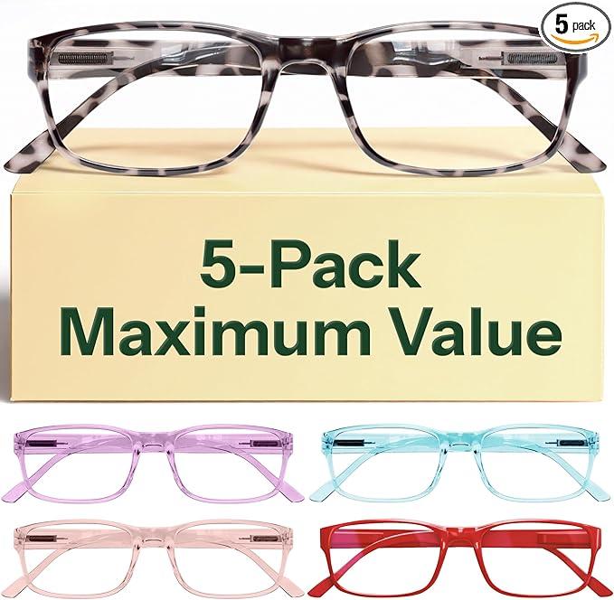 Gaoye Reading Glasses Blue Light Blocking, Spring Hinge Readers for Women Anti Glare Filter Lightweight Eyeglasses (5-Pack Mix Color 2, 1.5)